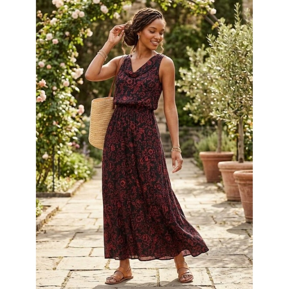 Ann Taylor Loft Riviera Black Red Floral‎ Maxi Dress Small